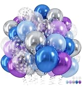 Frozen Snowflake Balloons Set, 60Pcs 12 Inch Pastel Blue Light Purple Metallic Silver Balloon wit...
