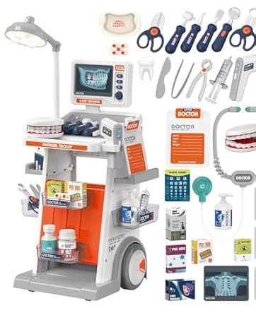 Children's toy doctor set with mobile cart, examination table, and various medical tools including stethoscope, scissors, and play medicine bottles. Includes digital displays showing x-rays and vital signs.
