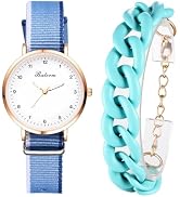 JewelryWe Women's Canvas Wristwatch Set - Simple Round Analog Quartz Arabic Numerals Watch & Resi...