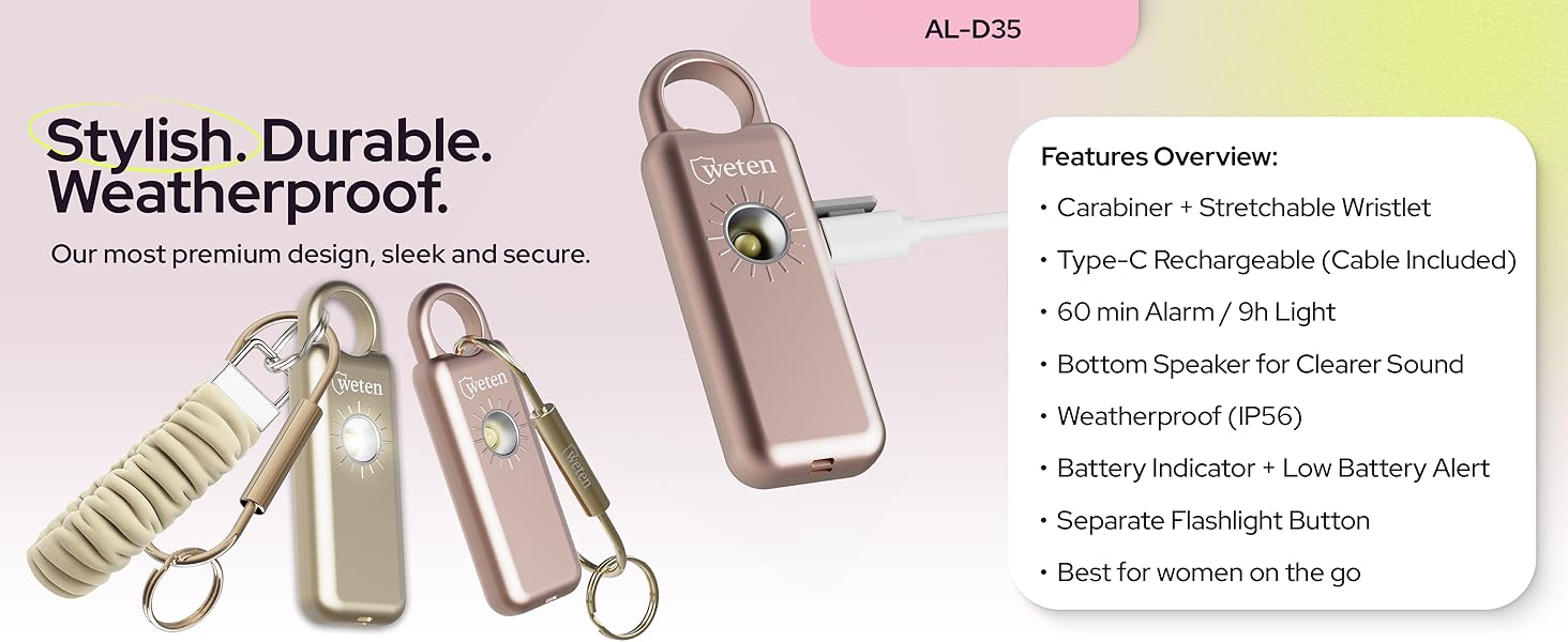 AL-D35 Weten weatherproof personal alarm with carabiner and wristlet