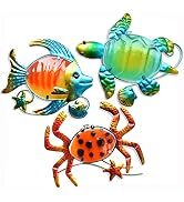 GIFTME 5 Metal Beach Wall Art Decor Set of 3 Metal Seaturtle Fish and Crab with Stained Glass Wal...