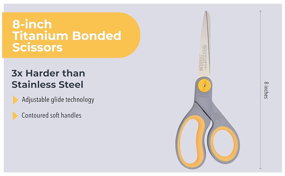 Image of office scissors with text reading 8 inch titanium bonded scissors.