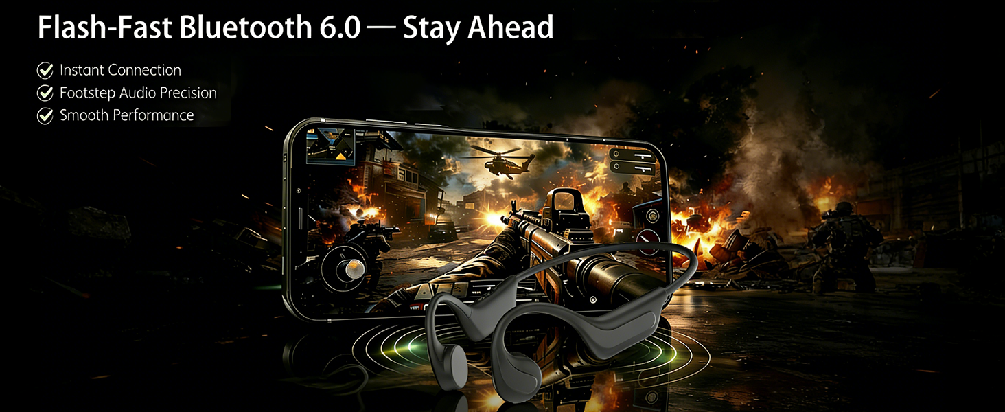 Bluetooth 6.0 Bone Conduction Headphones Low Latency Stable Connection for Gaming Music Calls