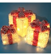Set of 3 Christmas Lighted Gift Boxes,10 inch LED White Snow Light Up Gift Box with Bows for Chri...
