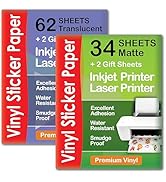 Premium Printable Vinyl Sticker Paper Matte for Inkjet Printer 34 sheets + Translucent Clear Stic...