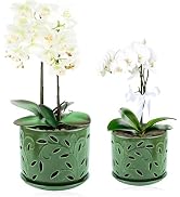 BUYMAX Set of 2 Orchid Pots with Holes & Saucers for Orchid Root Health, 5 inch&6 inch Ceramic Po...