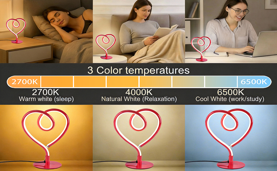 LED table lamp with 3 color temps: 2700K sleep, 4000K relax, 6500K work/study.