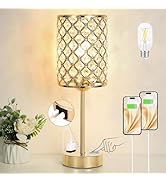 Hong-in Gold Lamps for Night Stands-Crystal Table Lamp with USB-C+A & AC Charging Ports, 3-Way Di...