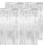 PatiCool Thicken Silver Streamers 4 Pack 3.2 x 8.2 FT, Silver Tinsel Backdrop Curtains, Foil Frin...