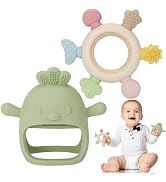 Socub 2 Pack Baby Teething Toys for Babies 0-6 Months, Silicone Teething Mitten and Wooden Ring T...