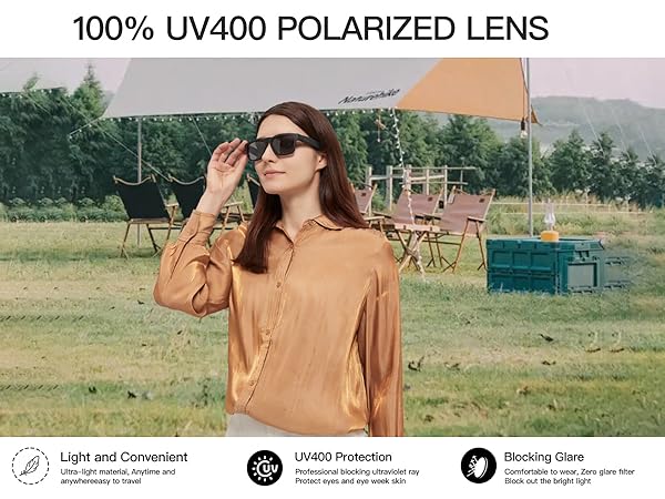 Sunglasses with UV400 polarized lenses. Woman wearing sunglasses outdoors. Product features include UV protection, polarization, and glare reduction.