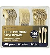144 Pack Gold Premium Heavy Duty Plastic Silverware, 48 Forks, 48 Spoons, 48 Knives, For Catering...