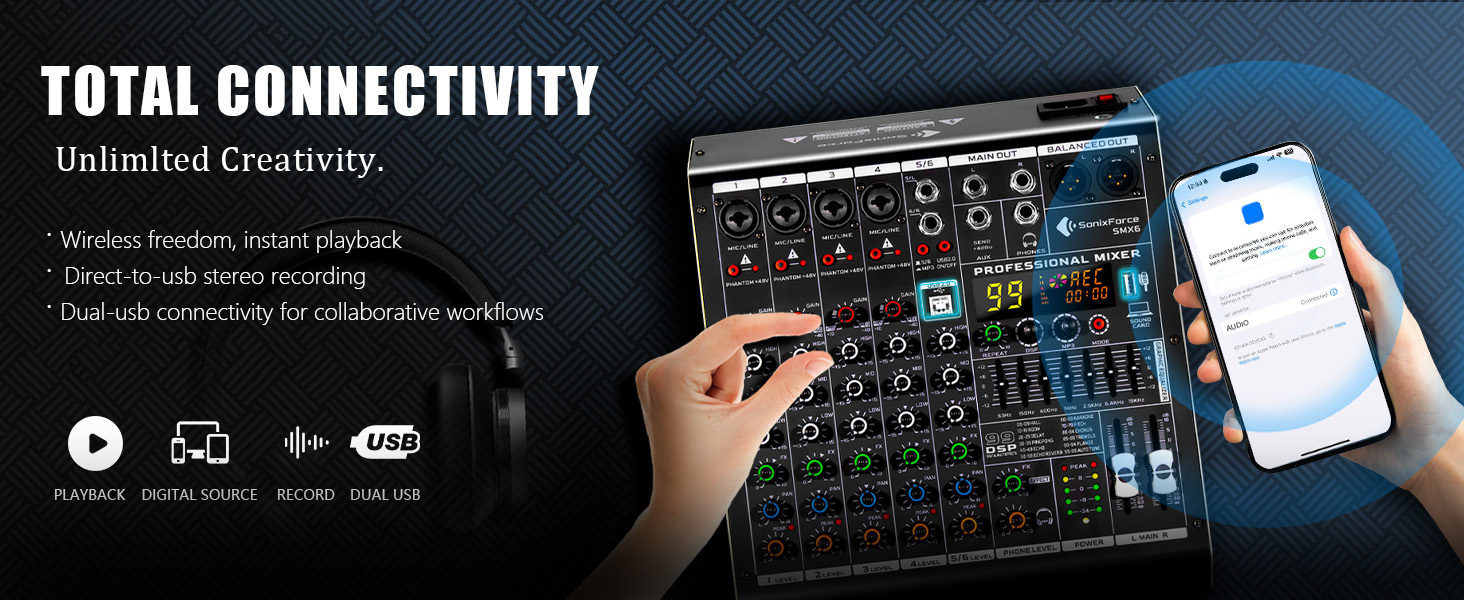 6 channel mixer mezcladora de audio soundboard for pc music studio mixer