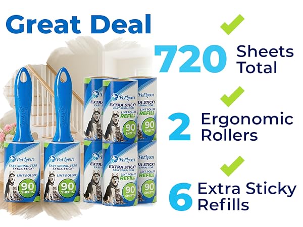 PetLovers lint roller set with 2 rollers and 6 refills, 720 sheets total.