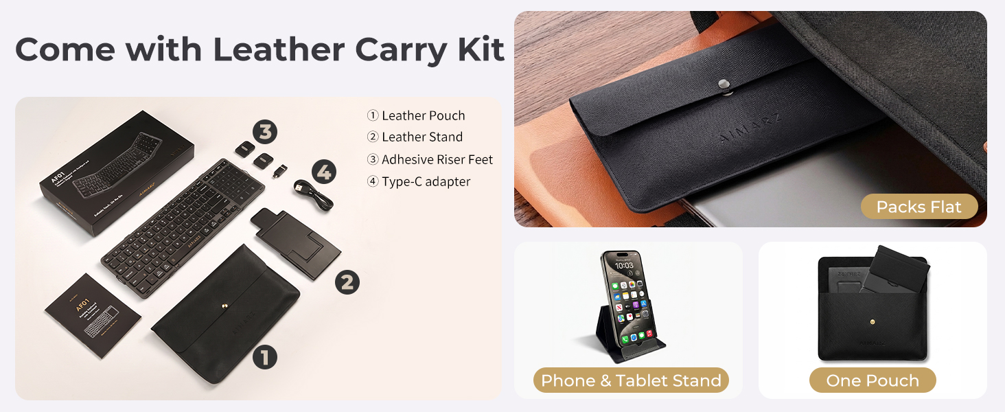 Aimarz AF01 travel kit with PU leather pouch, fold-flat stand, riser feet, and adapters.