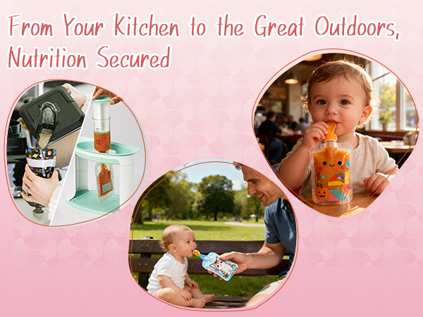 A triptych of care: from kitchen creation to joyful outdoor feeding and confident self-feeding.