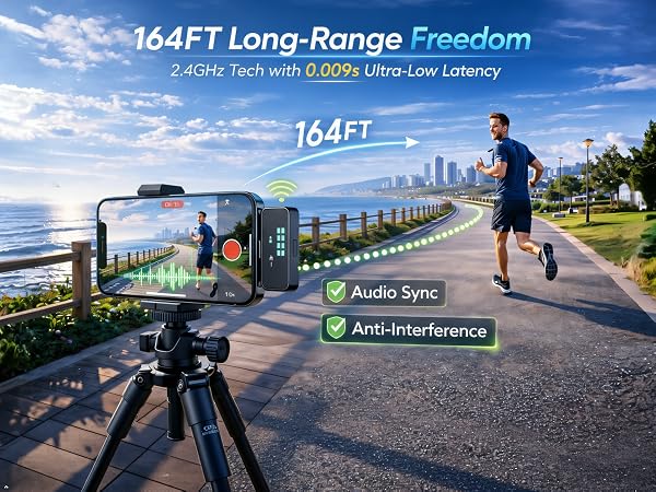 164ft Range Wireless Mic iPhone 15 Fitness Vlog Stable Audio Outdoor Running