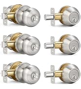 3 Sets Entry Door Knob and Single Cylinder Deadbolt Combo Set, Keyed Alike Round Ball Satin Nicke...