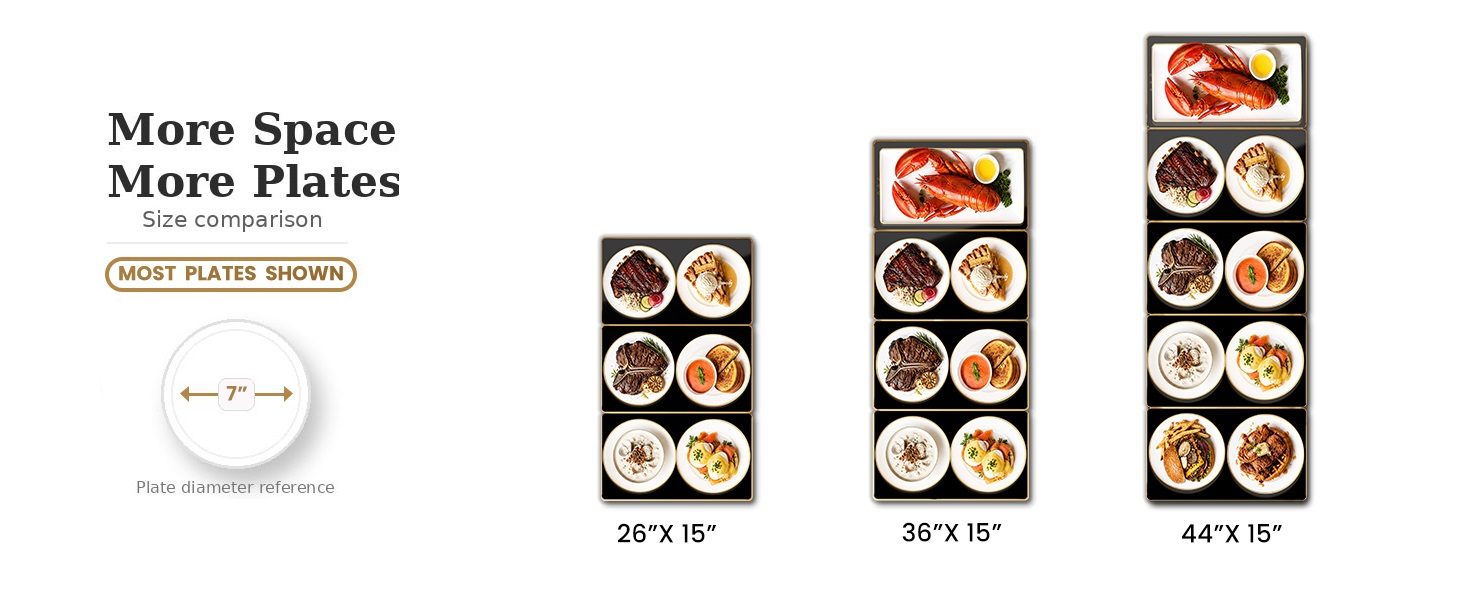 Size chart, electric warming tray, more space more plates