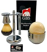G.B.S 5 Piece Shaving Set - 4.5" Long Handle Non-Slip Knurled DE Razor Stand Shaving Brush Shavin...