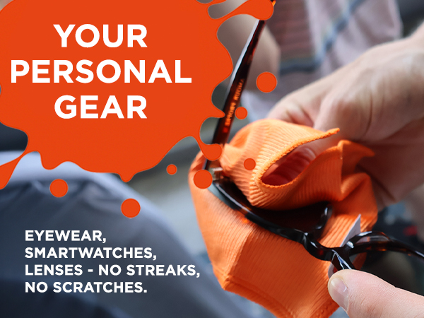 Text reads 'YOUR PERSONAL GEAR' and 'NO SCRATCHES.' Product demonstration showing handheld device being used to clean or treat eyewear or similar personal items.