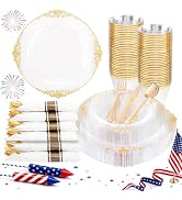 Nervure 175PCS Clear Gold Plastic Plates - Disposable Gold Party Plates & Pre Rolled Napkins with...