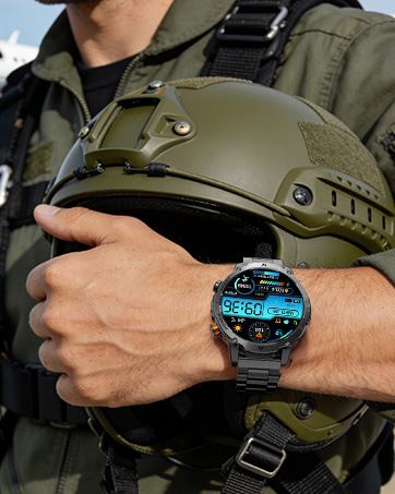 Close-up shots of a smartwatch or fitness tracker being worn, showing digital display with blue illumination against tactical or outdoor clothing.