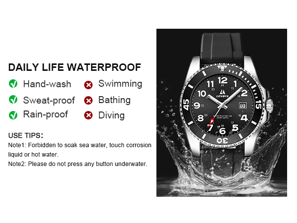 Text reads "DAILY LIFE WATERPROOF" with activity icons: Hand-wash, Sweat-proof, Rain-proof, Swimming, Bathing, Diving. Black chronograph watch with white dial and metal bracelet shown in technical illustration.