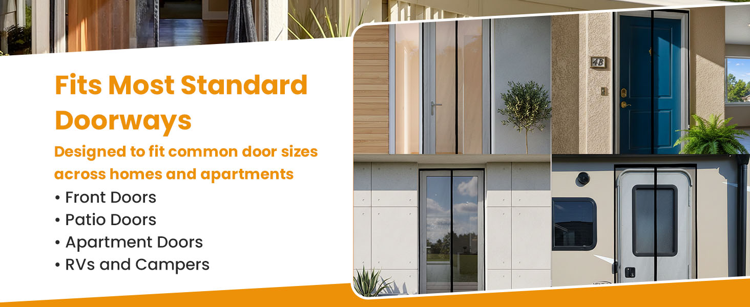 Gray magnetic screen door fits standard front, patio, apartment, and RV doors. Fits most sizes.