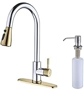 Keer Gold & Polished Chrome Single Handle Pull Down Kitchen Faucet with Soap Dispenser, 3 Modes S...