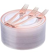 I00000 Rose Gold Plates 72 Pieces & Plastic Forks 72 Pieces, Small Cake Plates 7.5 inch, Premium ...