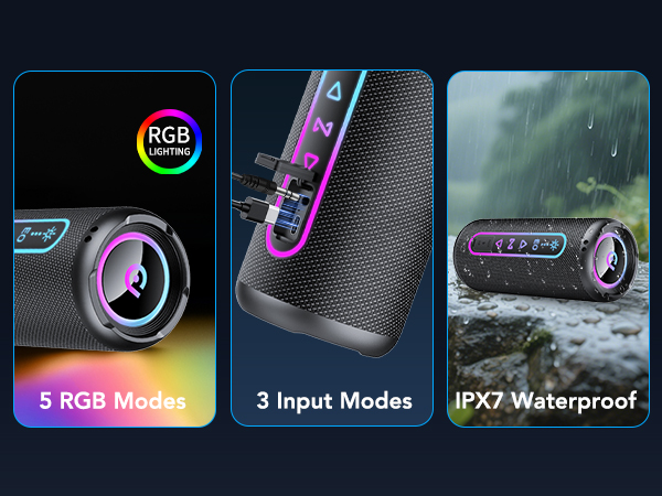 Text reads '3 RGB Modes', '3 Input Modes', 'IPX7 Waterproof'. Marketing banner showing multiple views of a black speaker or audio device with RGB lighting accents.