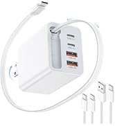 40W USB C Retractable Wall Charger with Built-in Cable,5-in-1 Retractable Phone Charger Wall Plug...