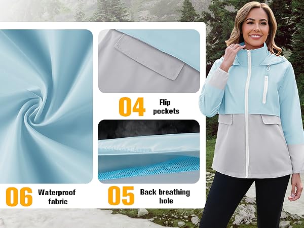 Rain Jacket Women Striped Lined Hooded Lightweight Raincoat Outdoor Waterproof Windbreaker