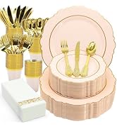 AIRE 175PCS Pink Gold Plastic Plates for Party, Dinnerware Sets for 25 Guests, Disposable Plastic...