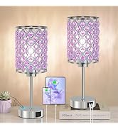GyroVu Purple Crystal Bedside Table Lamps Set of 2 with USB C+A Ports | 3-Way Dimmable & Touch Co...