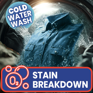 Cold water wash, stain breakdown, enzyme oxygen cleaner, removes deep set stains