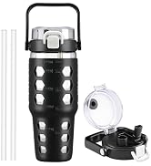 MUKOKO 32 oz Glass Tumbler with Straw,Glass Water Bottles with Time Marker,Iced Coffee Cup with S...