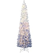 Goplus 7 FT Blue Gradient Snow Flocked Christmas Tree, Pre-Lit Artificial Hinged Slim Pencil Xmas...