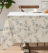 jinchan Rectangle Tablecloth - 52 x 70 Inch - Beige Linen Table Cloth - Farmhouse Floral Print Wa...
