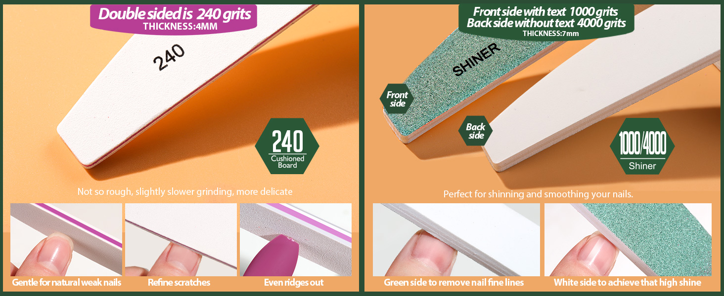 240 grits nail file and 1000/4000 grits polish buffer