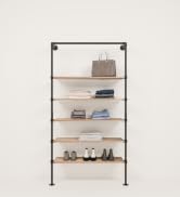 pamo black shelving with oakl boards on beige background