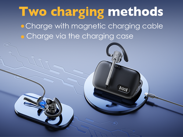 Text reads 'Two charging methods' with bullet points 'Charge with magnetic charging cable' and 'Charge via the charging case'. Shows wireless earbuds with two charging methods: magnetic cable connector and charging case on blue background.