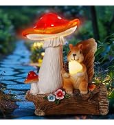 FHWTY Solar Garden Statue Outdoor Decor, Squirrel & Mushroom Figurines with LED Lights, Yard Deco...