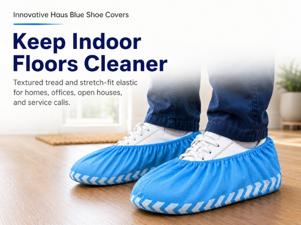 Blue disposable shoe covers over white sneakers on an indoor wooden floor