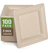 Gezond 100 Pack Compostable Square Plates 6 Inch Disposable Paper Plates Sugarcane Cake Plates fo...