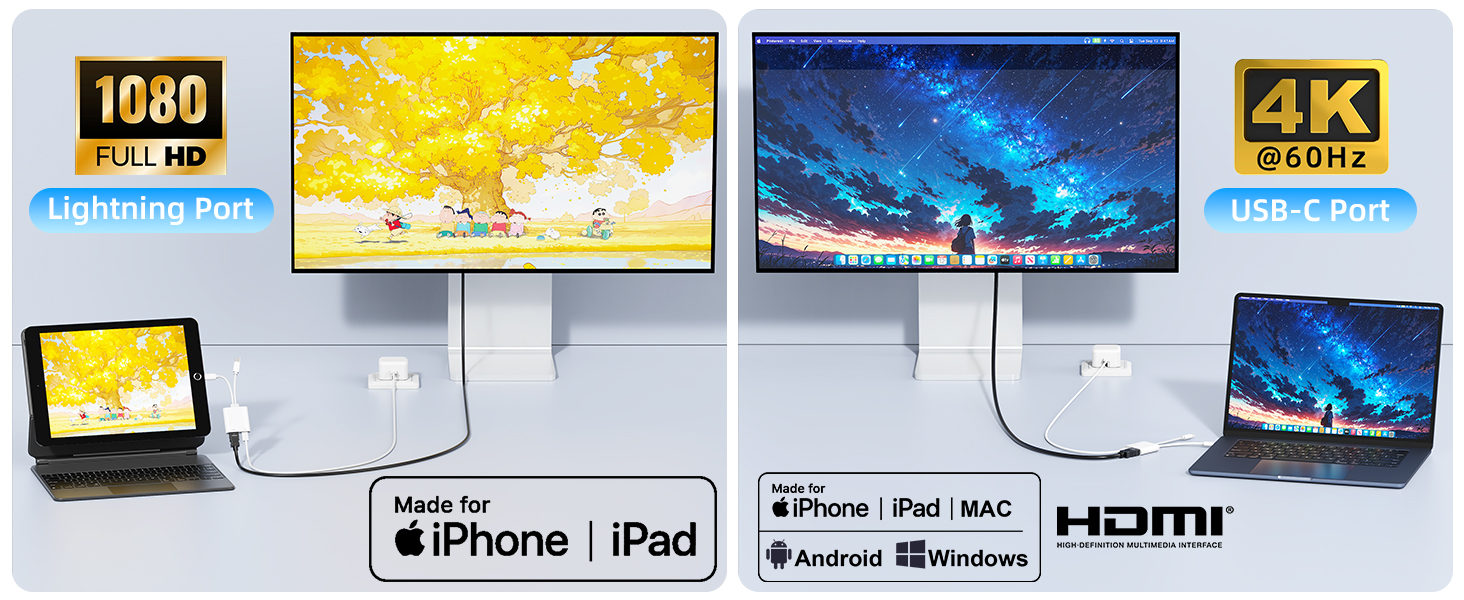 USB-C & Lightning to HDMI Adapter for iPhone