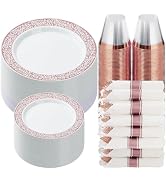 Goodluck 350 Piece Rose Gold Plastic Dinnerware Set for 50 Guests, Disposable Lace Plates for Par...
