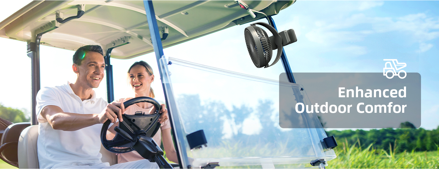 Two people riding in a golf cart on a sunny day, with text overlay 'Enhanced Outdoor Comfort' and an icon of a golf cart.