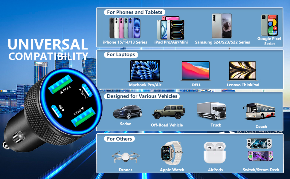 90W Dual USB-C & USB-A Car Power Cigarette Lighter 4-Port PD/QC3.0 Type C Car Carplay Fast Charger